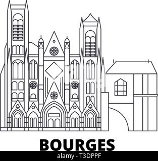 France, voyages en ligne Bourges skyline set. France, Bourges contours city vector illustration, symbole de voyage, sites touristiques, monuments. Illustration de Vecteur