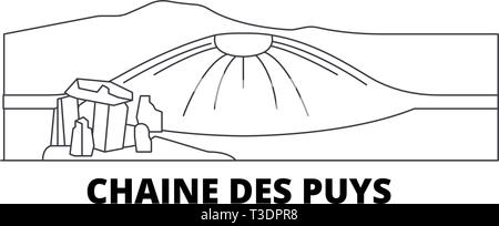 France, Chaîne des Puys skyline voyages en ligne. France, Chaîne des Puys contours city vector illustration, symbole de voyage, sites touristiques, monuments. Illustration de Vecteur