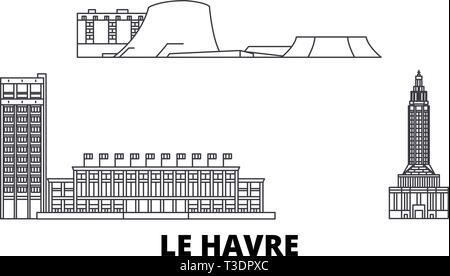 France, Le Havre ligne skyline set. France, Le Havre ville contour vector illustration, symbole de voyage, sites touristiques, monuments. Illustration de Vecteur