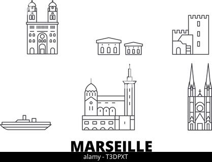 France, Marseille voyage en ligne jeu skyline. France, Marseille ville contour vector illustration, symbole de voyage, sites touristiques, monuments. Illustration de Vecteur