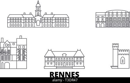 France, Rennes ligne jeu skyline. France, Rennes contours city vector illustration, symbole de voyage, sites touristiques, monuments. Illustration de Vecteur