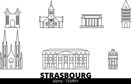 France, Strasbourg voyage ligne jeu skyline. France, Strasbourg ville contour vector illustration, symbole de voyage, sites touristiques, monuments. Illustration de Vecteur