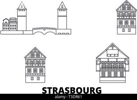 France, Strasbourg City skyline voyages en ligne. France, Strasbourg, ville ville contour vector illustration, symbole de voyage, sites touristiques, monuments. Illustration de Vecteur