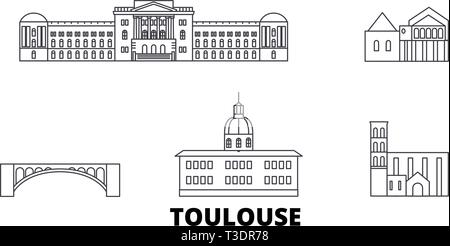 France, Toulouse voyage ligne jeu skyline. France, Toulouse ville contour vector illustration, symbole de voyage, sites touristiques, monuments. Illustration de Vecteur