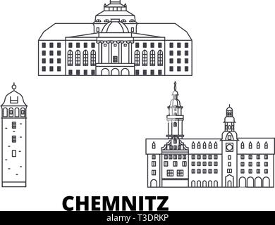 Allemagne, Chemnitz voyages ligne skyline set. Allemagne, Chemnitz ville contour vector illustration, symbole de voyage, sites touristiques, monuments. Illustration de Vecteur