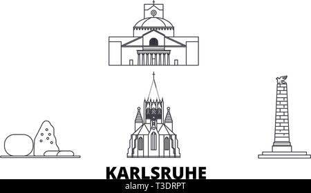 Allemagne, Karlsruhe skyline voyages en ligne. Allemagne, Karlsruhe contours city vector illustration, symbole de voyage, sites touristiques, monuments. Illustration de Vecteur