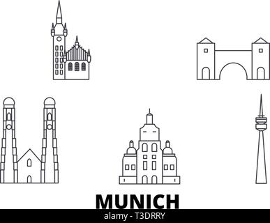 Allemagne, Munich skyline voyages en ligne. Allemagne, Munich ville contour vector illustration, symbole de voyage, sites touristiques, monuments. Illustration de Vecteur