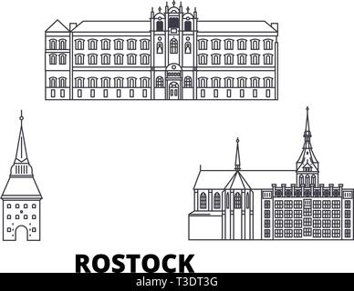 Allemagne, voyages en ligne jeu skyline de Rostock. Allemagne, Rostock contours city vector illustration, symbole de voyage, sites touristiques, monuments. Illustration de Vecteur