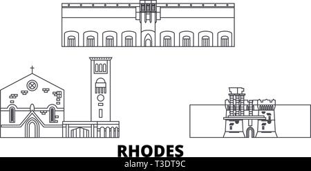 La Grèce, Rhodes voyage ligne jeu skyline. La Grèce, Rhodes Ville contour vector illustration, symbole de voyage, sites touristiques, monuments. Illustration de Vecteur