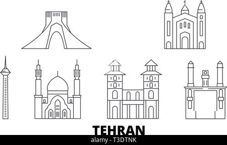 L'Iran, Téhéran skyline voyages en ligne. L'Iran, Téhéran contours city vector illustration, symbole de voyage, sites touristiques, monuments. Illustration de Vecteur