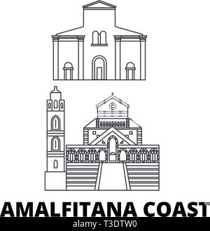 L'Italie, Amalfi coast line travel skyline set. L'Italie, Côte Amalfitaine contours city vector illustration, symbole de voyage, sites touristiques, monuments. Illustration de Vecteur