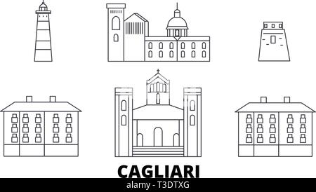 L'Italie, Cagliari voyages ligne jeu skyline. L'Italie, Cagliari ville contour vector illustration, symbole de voyage, sites touristiques, monuments. Illustration de Vecteur