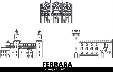 L'Italie, Ferrara skyline voyages en ligne. L'Italie, Ferrara contours city vector illustration, symbole de voyage, sites touristiques, monuments. Illustration de Vecteur