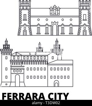 L'Italie, Ferrara City skyline voyages en ligne. L'Italie, Ferrara City ville contour vector illustration, symbole de voyage, sites touristiques, monuments. Illustration de Vecteur