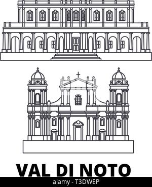 L'Italie, Val di Noto skyline voyages en ligne. L'Italie, Val di Noto contours city vector illustration, symbole de voyage, sites touristiques, monuments. Illustration de Vecteur