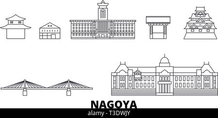 Le Japon, Nagoya line travel skyline set. Le Japon, Nagoya city contour vector illustration, symbole de voyage, sites touristiques, monuments. Illustration de Vecteur