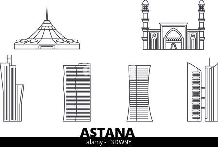 Le Kazakhstan, Astana skyline voyages en ligne. Le Kazakhstan, Astana contours city vector illustration, symbole de voyage, sites touristiques, monuments. Illustration de Vecteur