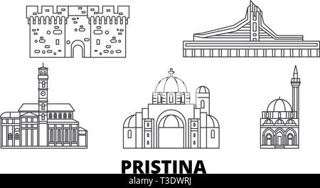 Kosovo, Pristina skyline voyages en ligne. Kosovo, Pristina contours city vector illustration, symbole de voyage, sites touristiques, monuments. Illustration de Vecteur