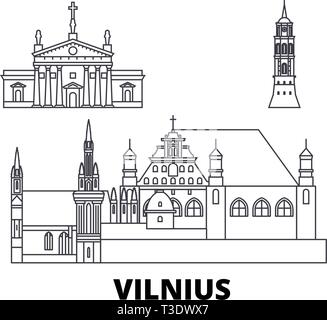 La Lituanie, Vilnius skyline voyages en ligne. La Lituanie, Vilnius contours city vector illustration, symbole de voyage, sites touristiques, monuments. Illustration de Vecteur