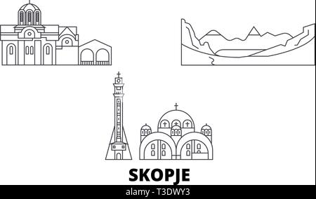 Macédoine, Skopje skyline voyages en ligne. Macédoine, Skopje contours city vector illustration, symbole de voyage, sites touristiques, monuments. Illustration de Vecteur