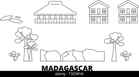 Madagascar voyage ligne jeu skyline. Madagascar contours city vector illustration, symbole de voyage, sites touristiques, monuments. Illustration de Vecteur