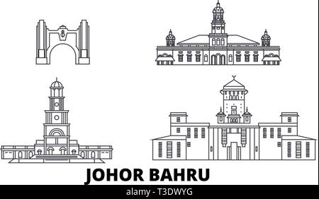 La Malaisie, Johor Bahru skyline voyages en ligne. La Malaisie, Johor Bahru ville contour vector illustration, symbole de voyage, sites touristiques, monuments. Illustration de Vecteur