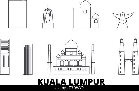 La Malaisie, Kuala Lumpur skyline voyages en ligne. La Malaisie, Kuala Lumpur ville contour vector illustration, symbole de voyage, sites touristiques, monuments. Illustration de Vecteur