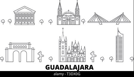 Mexique, Guadalajara skyline voyages en ligne. Le Mexique, Guadalajara contours city vector illustration, symbole de voyage, sites touristiques, monuments. Illustration de Vecteur