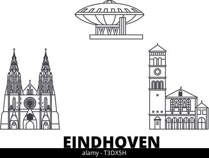 Eindhoven aux Pays-Bas, voyage en ligne jeu skyline. Eindhoven Pays-Bas, contours d'illustration vectorielle, symbole de la ville, sites touristiques, voyages, des repères. Illustration de Vecteur