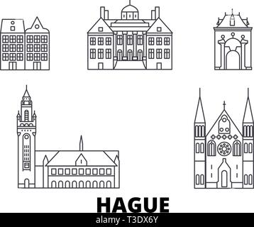 Pays-bas, La Haye skyline voyages en ligne. Pays-bas, La Haye contours city vector illustration, symbole de voyage, sites touristiques, monuments. Illustration de Vecteur