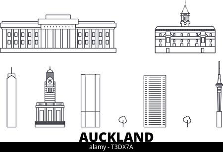 La NOUVELLE ZELANDE, Auckland skyline voyages en ligne. La NOUVELLE ZELANDE, Auckland City contour vector illustration, symbole de voyage, sites touristiques, monuments. Illustration de Vecteur