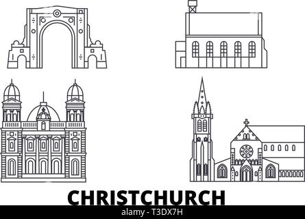 La Nouvelle-Zélande, Christchurch skyline voyages en ligne. La Nouvelle-Zélande, Christchurch ville contour vector illustration, symbole de voyage, sites touristiques, monuments. Illustration de Vecteur