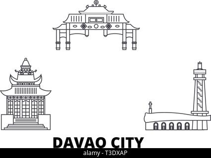 Philippines, Davao City skyline voyages en ligne. Philippines, Davao City contour vector illustration, symbole de voyage, sites touristiques, monuments. Illustration de Vecteur