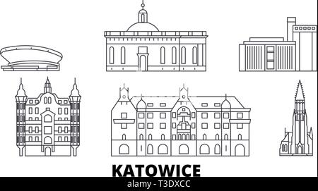 La Pologne, Katowice voyage ligne jeu skyline. La Pologne, Katowice contours city vector illustration, symbole de voyage, sites touristiques, monuments. Illustration de Vecteur