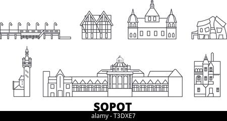 Pologne, Sopot skyline voyages en ligne. Pologne, Sopot contours city vector illustration, symbole de voyage, sites touristiques, monuments. Illustration de Vecteur