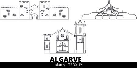 Portugal, Algarve voyage ligne jeu skyline. Portugal, Algarve contours city vector illustration, symbole de voyage, sites touristiques, monuments. Illustration de Vecteur