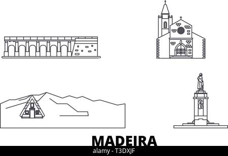 Portugal, Madère voyage ligne jeu skyline. Portugal, Madère ville contour vector illustration, symbole de voyage, sites touristiques, monuments. Illustration de Vecteur