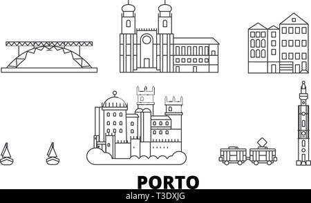 Portugal, Porto voyage ligne jeu skyline. Portugal, Porto ville contour vector illustration, symbole de voyage, sites touristiques, monuments. Illustration de Vecteur
