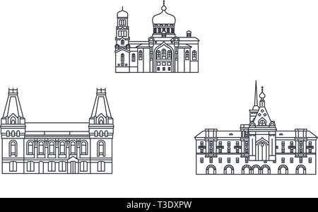 La Russie, Moscow skyline voyages en ligne. La Russie, Barnaul ville contour vector illustration, symbole de voyage, sites touristiques, monuments. Illustration de Vecteur