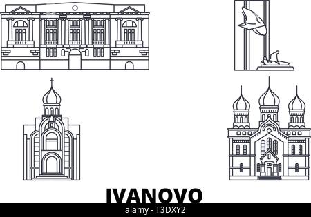 La Russie, voyages en ligne Ivanovo skyline set. La Russie, les grandes lignes d'Ivanovo city vector illustration, symbole de voyage, sites touristiques, monuments. Illustration de Vecteur