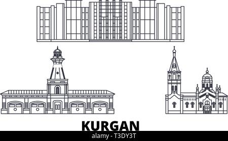 La Russie, Kurgan ligne skyline set. La Russie, Kurgan contours city vector illustration, symbole de voyage, sites touristiques, monuments. Illustration de Vecteur