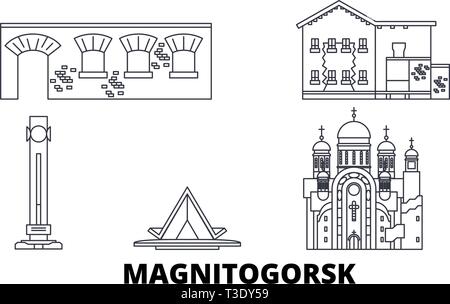 La Russie, Magnitogorsk skyline voyages en ligne. La Russie, Magnitogorsk contours city vector illustration, symbole de voyage, sites touristiques, monuments. Illustration de Vecteur