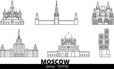 La Russie, Moscow skyline voyages en ligne. La Russie, Moscou ville contour vector illustration, symbole de voyage, sites touristiques, monuments. Illustration de Vecteur