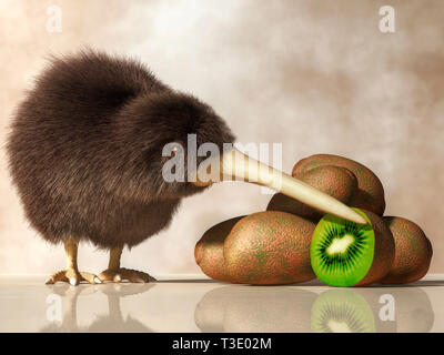 Un kiwi oiseau se tient à côté d'un tas de kiwis. L'animal et les fruits sont originaires de Nouvelle-Zélande. 3D illustration Banque D'Images