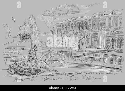 Vue panoramique de la Grande Cascade, des sculptures et des fontaines du palais de Peterhof à Saint-Pétersbourg, en Russie. Vector illustration dessin main isolé je Illustration de Vecteur