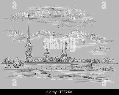 Rues de la région de la forteresse Pierre et Paul à Saint-Pétersbourg, Russie et quai de rivière. Illustration vectorielles dessin à la main en noir et w Illustration de Vecteur