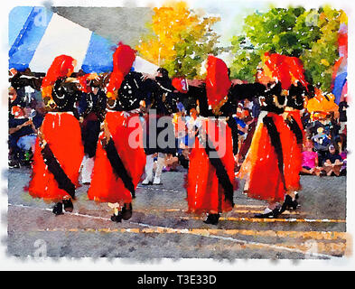 Aquarelle des femmes grecques folk dancers performing en costumes traditionnels d'Anogia, Crète lors d'une fête locale, USA. Aquarelle réalisée par Todd Strand Banque D'Images