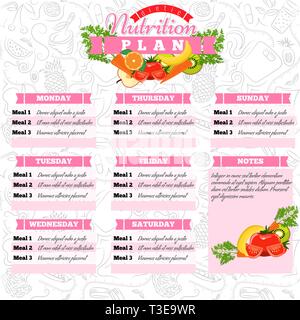 Alimentation saine planification. L'alimentation saine et de repas l'annexe. Dietic calendrier. Vector illustration. Illustration de Vecteur