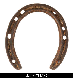 Rusty weathered original horseshoe isolé sur fond blanc Banque D'Images