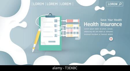 Vector illustration dans le concept de l'assurance maladie. Template design est sur fond bleu pastel pour couvrir, bandeaux web, affiche, présentation du diaporama. Ar Illustration de Vecteur